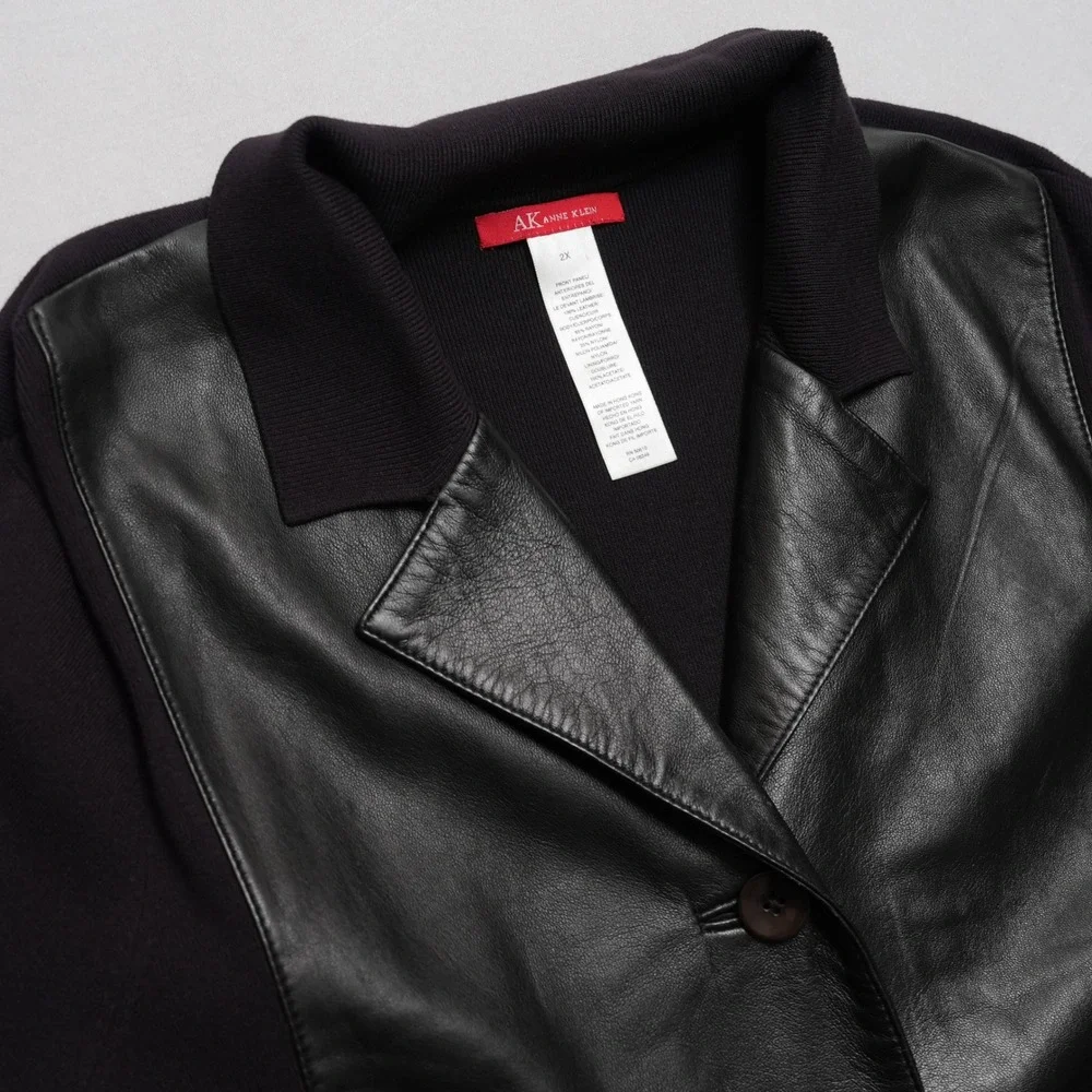 Anne Klein Womens 2X Black‎ Leather Mixed Media Moto Style Jacket